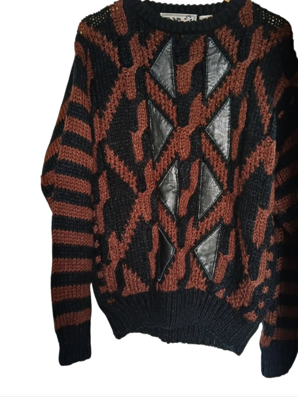 Vintage Retro Y2K Grandpa Sweater Knit Color Block Leather Chunky Fun Geo Style